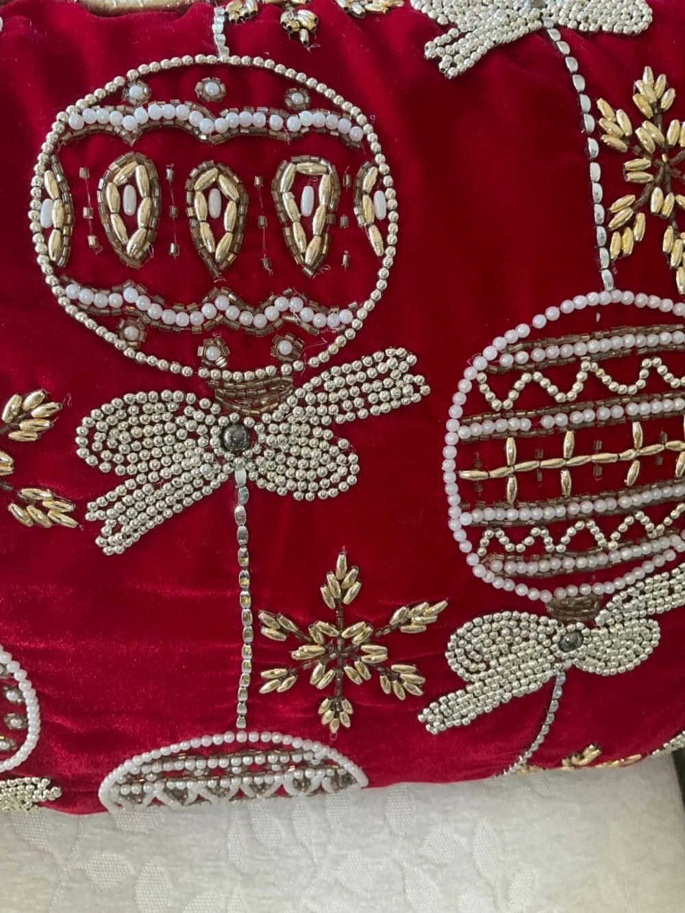 Vintage Elegant Red Velvet Hand Beaded Pillow